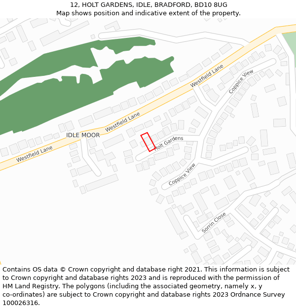 12, HOLT GARDENS, IDLE, BRADFORD, BD10 8UG: Location map and indicative extent of plot