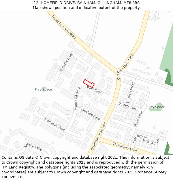 12, HOMEFIELD DRIVE, RAINHAM, GILLINGHAM, ME8 8RS: Location map and indicative extent of plot