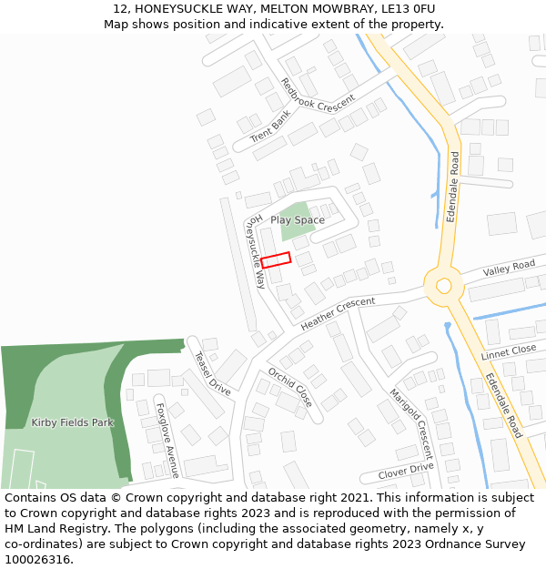 12, HONEYSUCKLE WAY, MELTON MOWBRAY, LE13 0FU: Location map and indicative extent of plot