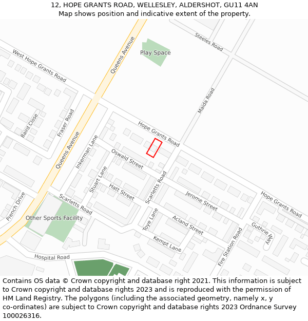 12, HOPE GRANTS ROAD, WELLESLEY, ALDERSHOT, GU11 4AN: Location map and indicative extent of plot