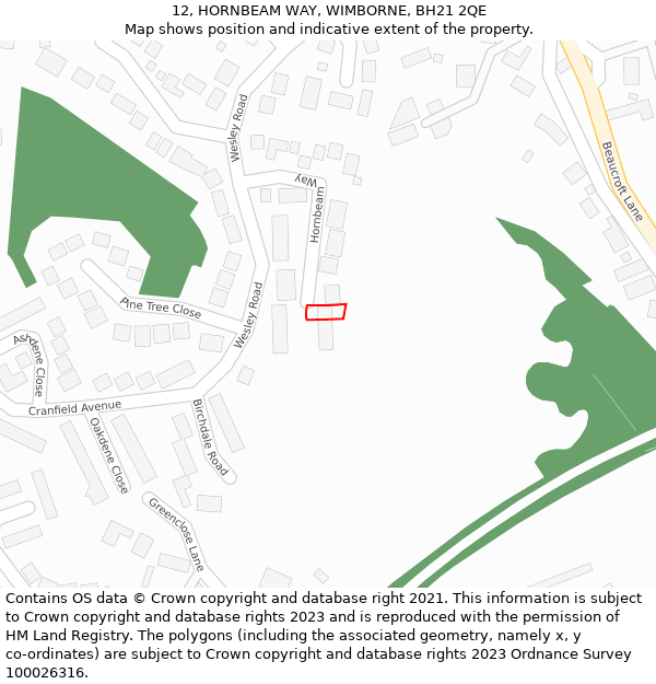 12, HORNBEAM WAY, WIMBORNE, BH21 2QE: Location map and indicative extent of plot