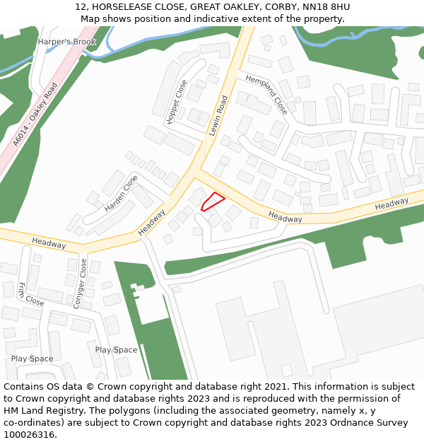 12, HORSELEASE CLOSE, GREAT OAKLEY, CORBY, NN18 8HU: Location map and indicative extent of plot