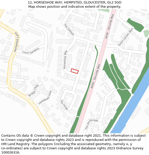 12, HORSESHOE WAY, HEMPSTED, GLOUCESTER, GL2 5GD: Location map and indicative extent of plot