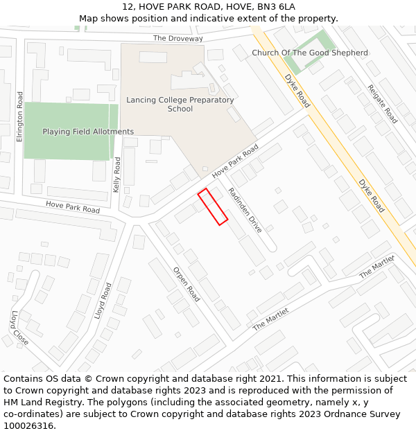 12, HOVE PARK ROAD, HOVE, BN3 6LA: Location map and indicative extent of plot