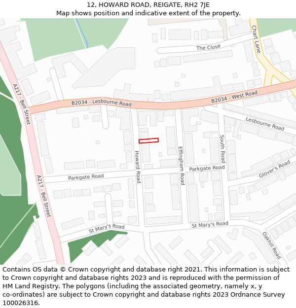 12, HOWARD ROAD, REIGATE, RH2 7JE: Location map and indicative extent of plot