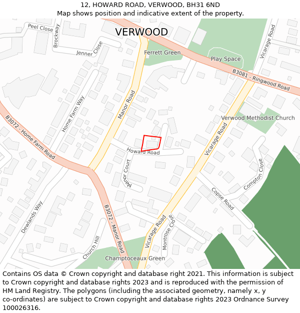 12, HOWARD ROAD, VERWOOD, BH31 6ND: Location map and indicative extent of plot