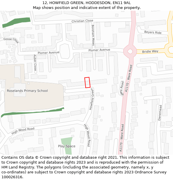 12, HOWFIELD GREEN, HODDESDON, EN11 9AL: Location map and indicative extent of plot