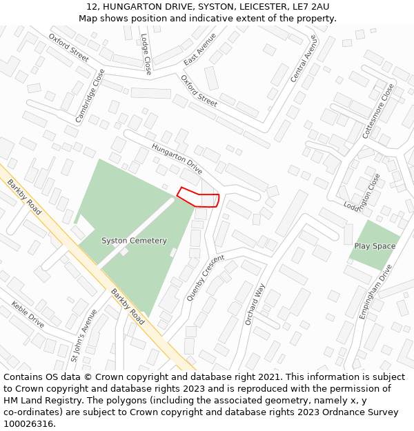 12, HUNGARTON DRIVE, SYSTON, LEICESTER, LE7 2AU: Location map and indicative extent of plot