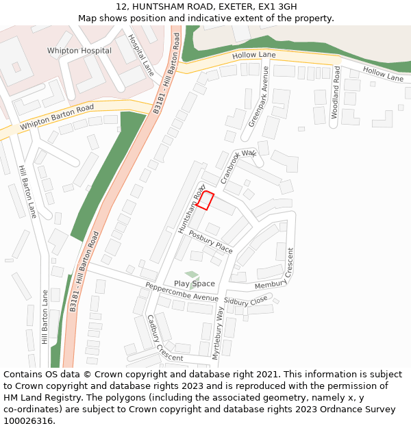 12, HUNTSHAM ROAD, EXETER, EX1 3GH: Location map and indicative extent of plot