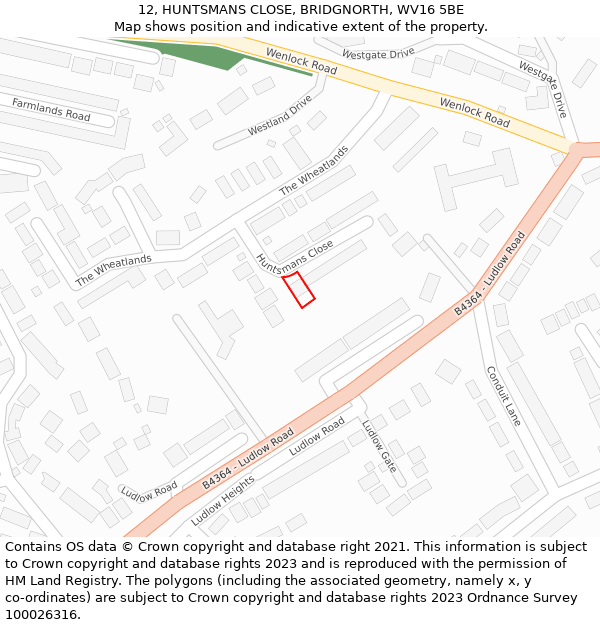 12, HUNTSMANS CLOSE, BRIDGNORTH, WV16 5BE: Location map and indicative extent of plot