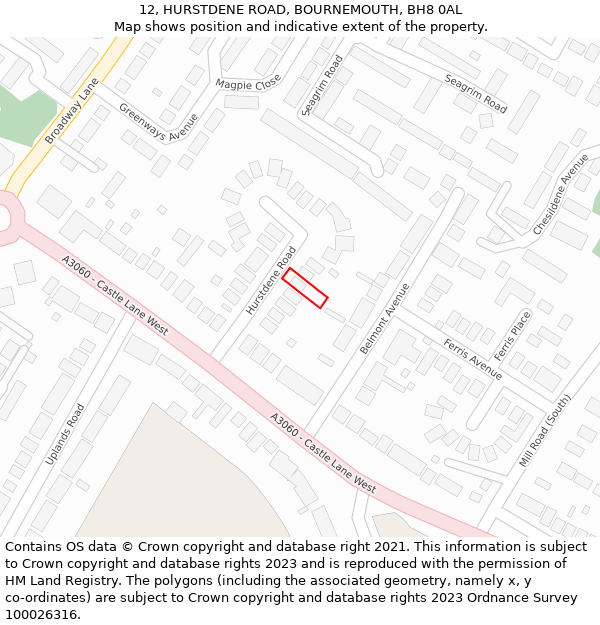 12, HURSTDENE ROAD, BOURNEMOUTH, BH8 0AL: Location map and indicative extent of plot