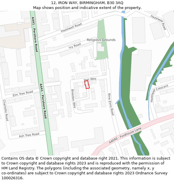 12, IRON WAY, BIRMINGHAM, B30 3AQ: Location map and indicative extent of plot