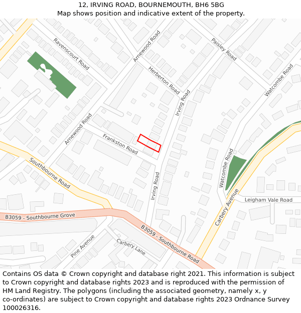 12, IRVING ROAD, BOURNEMOUTH, BH6 5BG: Location map and indicative extent of plot