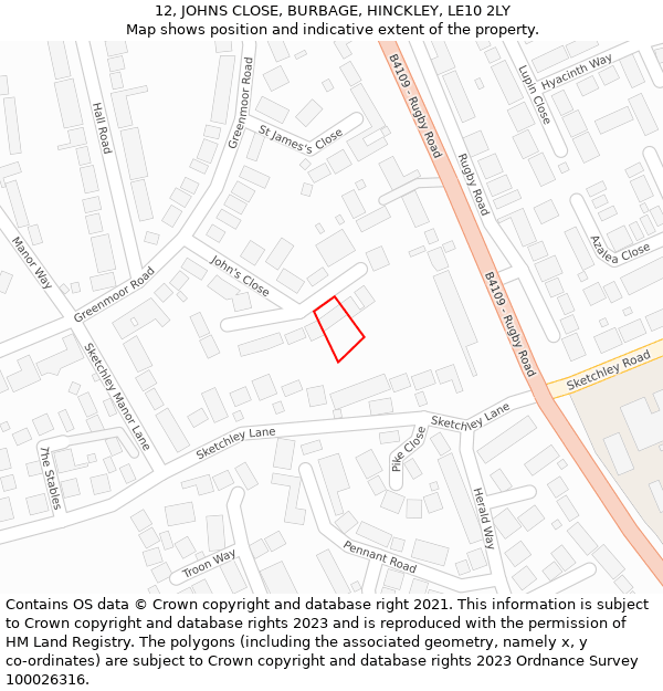 12, JOHNS CLOSE, BURBAGE, HINCKLEY, LE10 2LY: Location map and indicative extent of plot