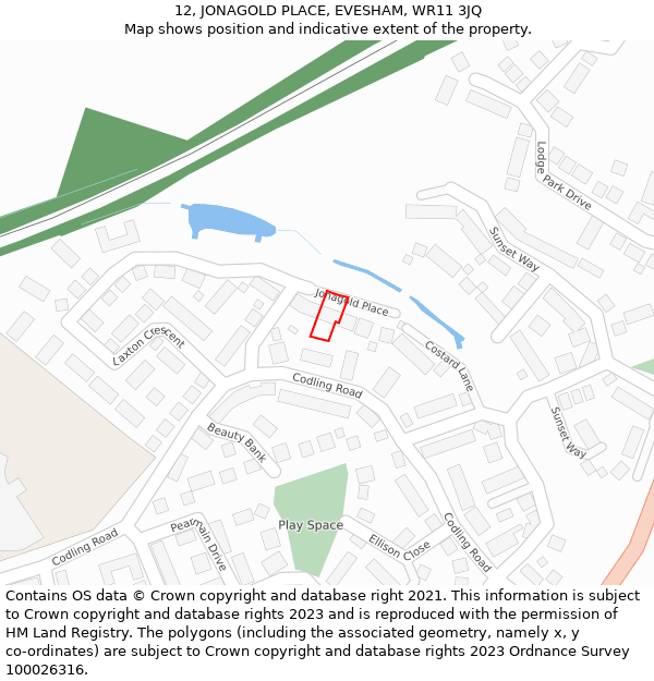 12, JONAGOLD PLACE, EVESHAM, WR11 3JQ: Location map and indicative extent of plot
