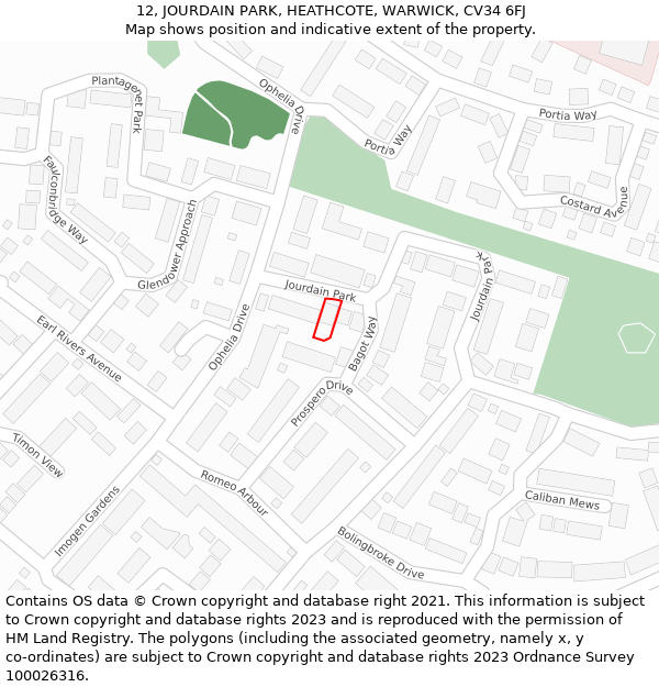 12, JOURDAIN PARK, HEATHCOTE, WARWICK, CV34 6FJ: Location map and indicative extent of plot