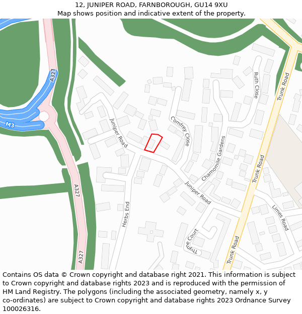 12, JUNIPER ROAD, FARNBOROUGH, GU14 9XU: Location map and indicative extent of plot
