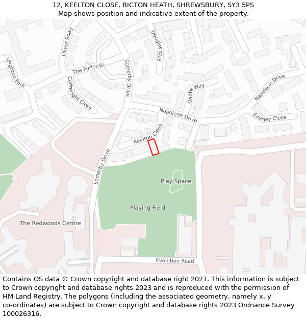 12, KEELTON CLOSE, BICTON HEATH, SHREWSBURY, SY3 5PS: Location map and indicative extent of plot