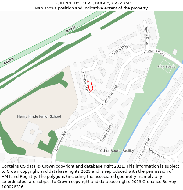 12, KENNEDY DRIVE, RUGBY, CV22 7SP: Location map and indicative extent of plot