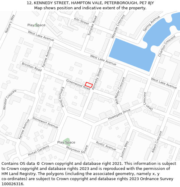 12, KENNEDY STREET, HAMPTON VALE, PETERBOROUGH, PE7 8JY: Location map and indicative extent of plot