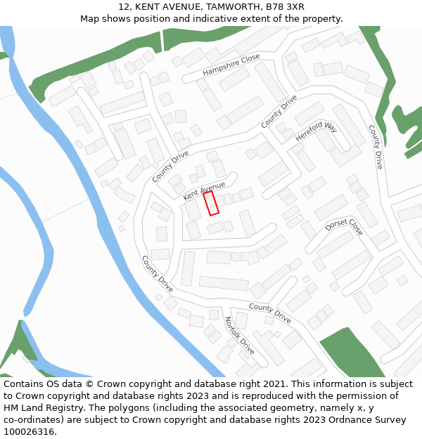 12, KENT AVENUE, TAMWORTH, B78 3XR: Location map and indicative extent of plot