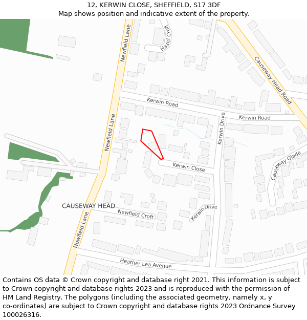 12, KERWIN CLOSE, SHEFFIELD, S17 3DF: Location map and indicative extent of plot