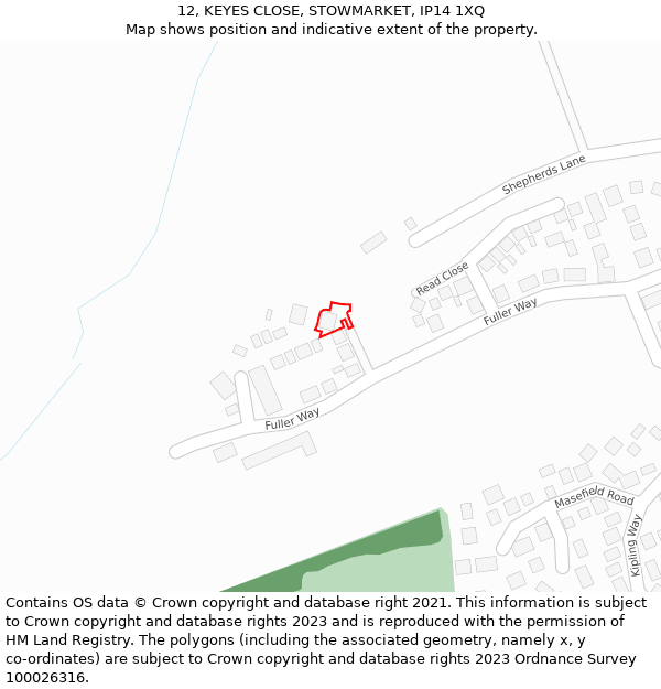 12, KEYES CLOSE, STOWMARKET, IP14 1XQ: Location map and indicative extent of plot
