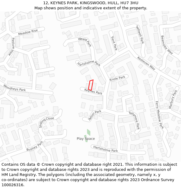 12, KEYNES PARK, KINGSWOOD, HULL, HU7 3HU: Location map and indicative extent of plot