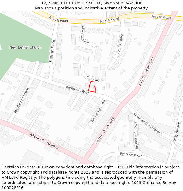 12, KIMBERLEY ROAD, SKETTY, SWANSEA, SA2 9DL: Location map and indicative extent of plot