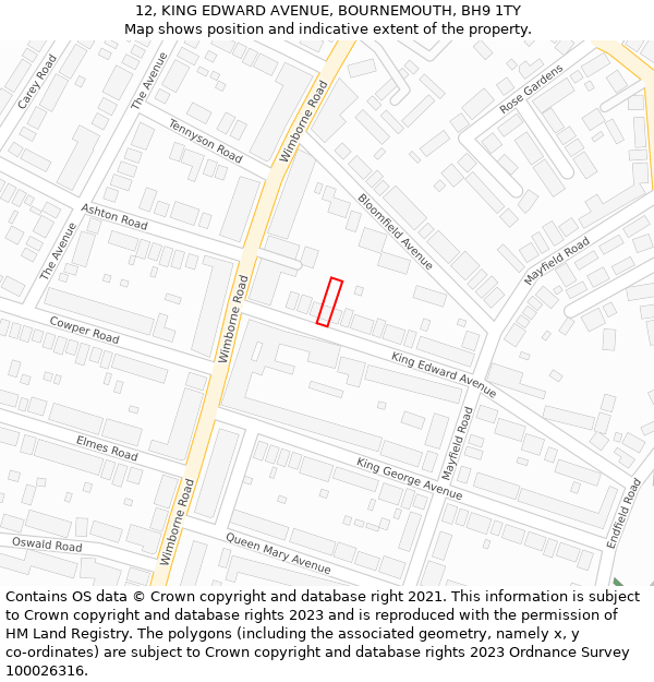 12, KING EDWARD AVENUE, BOURNEMOUTH, BH9 1TY: Location map and indicative extent of plot