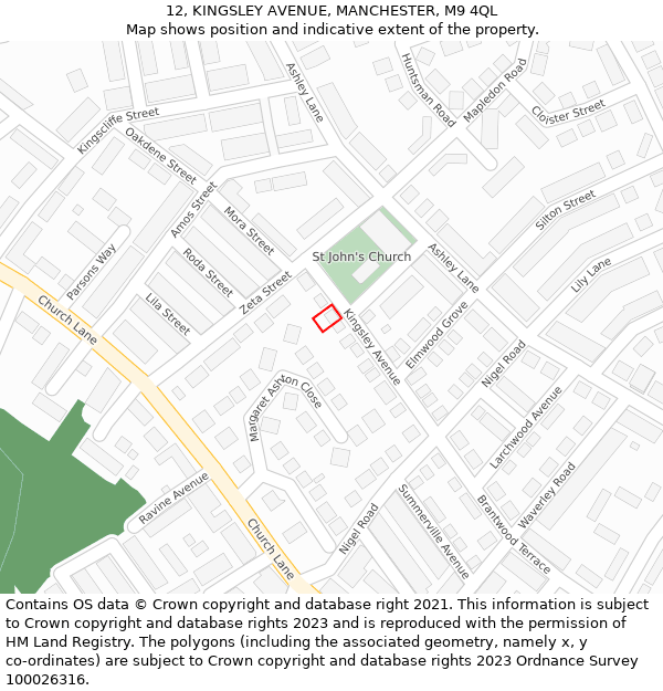 12, KINGSLEY AVENUE, MANCHESTER, M9 4QL: Location map and indicative extent of plot