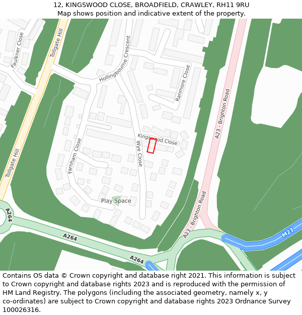 12, KINGSWOOD CLOSE, BROADFIELD, CRAWLEY, RH11 9RU: Location map and indicative extent of plot
