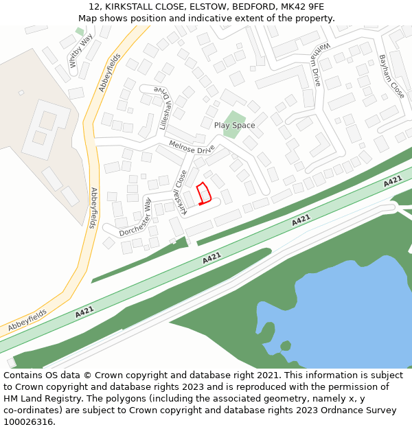 12, KIRKSTALL CLOSE, ELSTOW, BEDFORD, MK42 9FE: Location map and indicative extent of plot