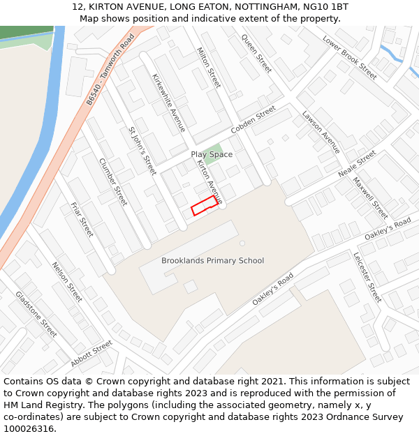 12, KIRTON AVENUE, LONG EATON, NOTTINGHAM, NG10 1BT: Location map and indicative extent of plot