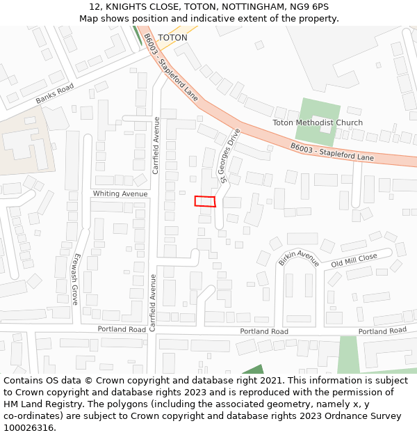 12, KNIGHTS CLOSE, TOTON, NOTTINGHAM, NG9 6PS: Location map and indicative extent of plot