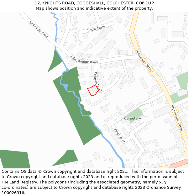 12, KNIGHTS ROAD, COGGESHALL, COLCHESTER, CO6 1UP: Location map and indicative extent of plot