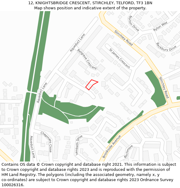 12, KNIGHTSBRIDGE CRESCENT, STIRCHLEY, TELFORD, TF3 1BN: Location map and indicative extent of plot