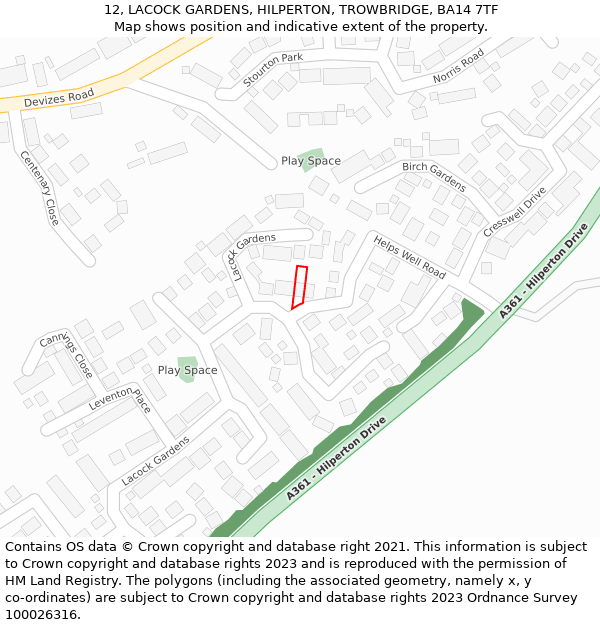 12, LACOCK GARDENS, HILPERTON, TROWBRIDGE, BA14 7TF: Location map and indicative extent of plot