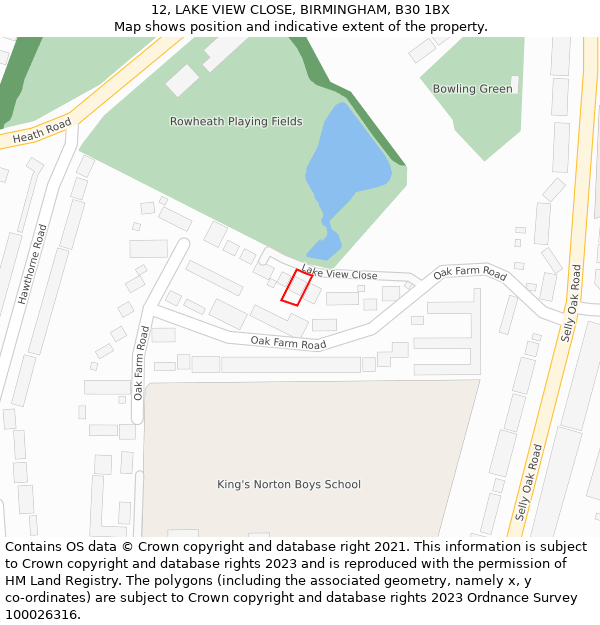12, LAKE VIEW CLOSE, BIRMINGHAM, B30 1BX: Location map and indicative extent of plot