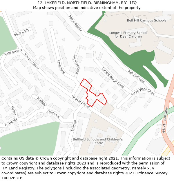 12, LAKEFIELD, NORTHFIELD, BIRMINGHAM, B31 1FQ: Location map and indicative extent of plot