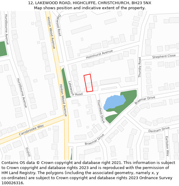 12, LAKEWOOD ROAD, HIGHCLIFFE, CHRISTCHURCH, BH23 5NX: Location map and indicative extent of plot
