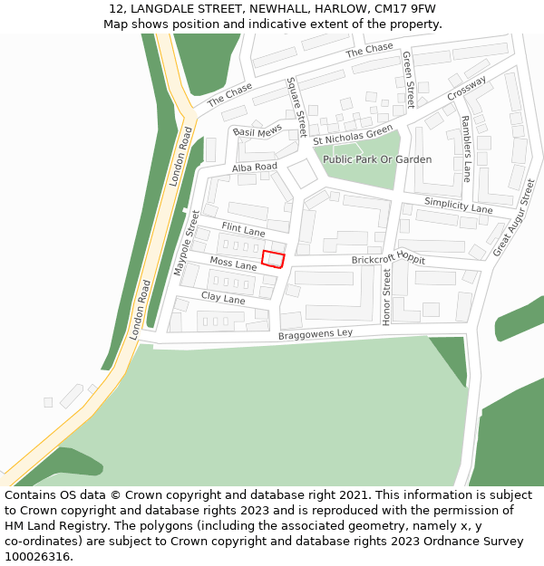 12, LANGDALE STREET, NEWHALL, HARLOW, CM17 9FW: Location map and indicative extent of plot