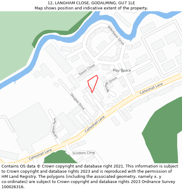 12, LANGHAM CLOSE, GODALMING, GU7 1LE: Location map and indicative extent of plot