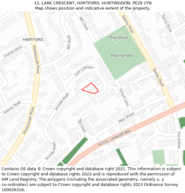 12, LARK CRESCENT, HARTFORD, HUNTINGDON, PE29 1YN: Location map and indicative extent of plot