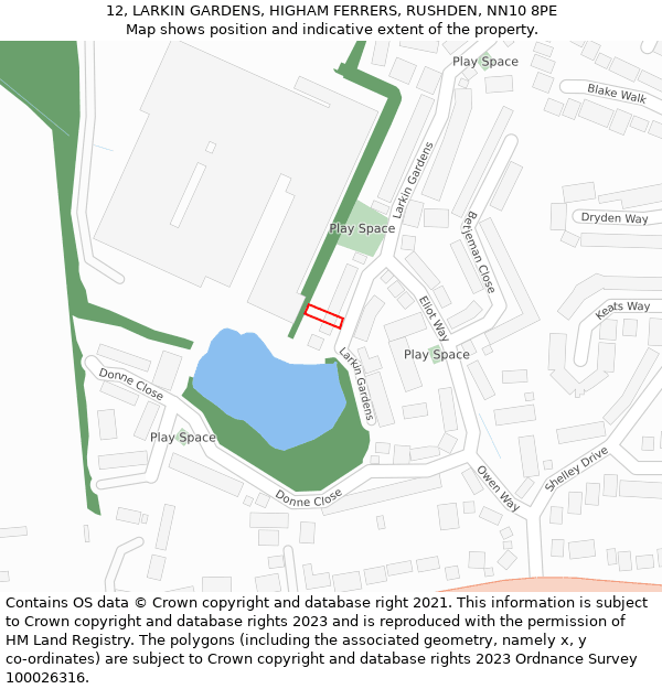 12, LARKIN GARDENS, HIGHAM FERRERS, RUSHDEN, NN10 8PE: Location map and indicative extent of plot