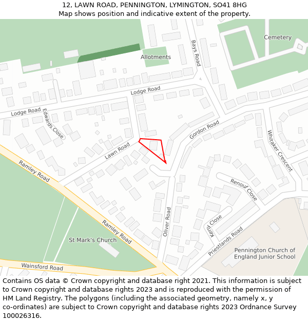 12, LAWN ROAD, PENNINGTON, LYMINGTON, SO41 8HG: Location map and indicative extent of plot