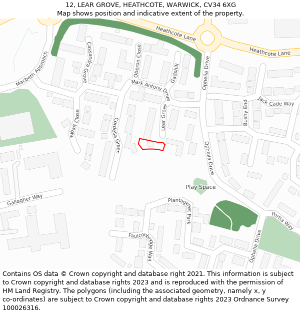 12, LEAR GROVE, HEATHCOTE, WARWICK, CV34 6XG: Location map and indicative extent of plot