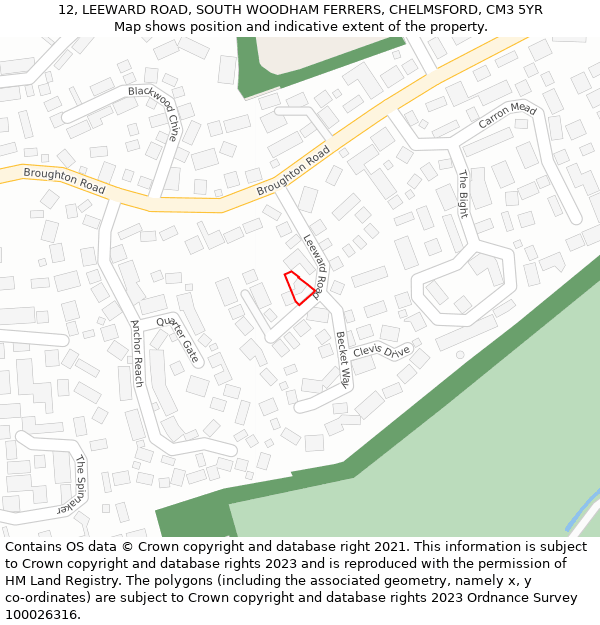 12, LEEWARD ROAD, SOUTH WOODHAM FERRERS, CHELMSFORD, CM3 5YR: Location map and indicative extent of plot