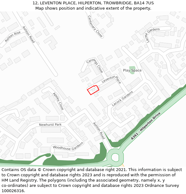 12, LEVENTON PLACE, HILPERTON, TROWBRIDGE, BA14 7US: Location map and indicative extent of plot