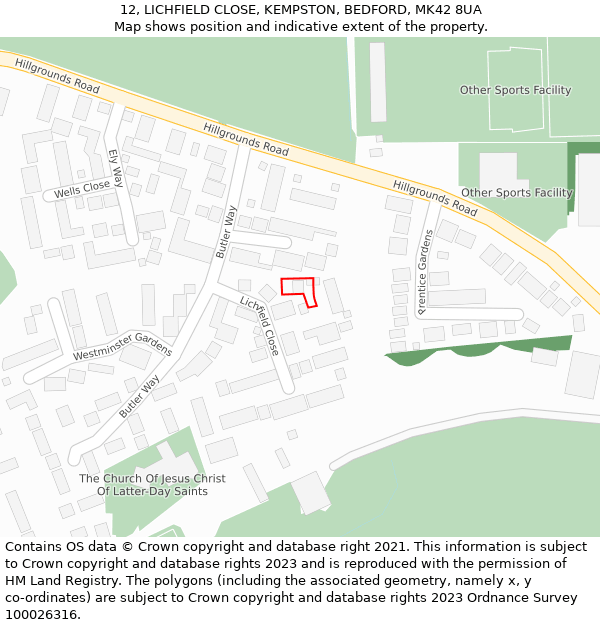 12, LICHFIELD CLOSE, KEMPSTON, BEDFORD, MK42 8UA: Location map and indicative extent of plot